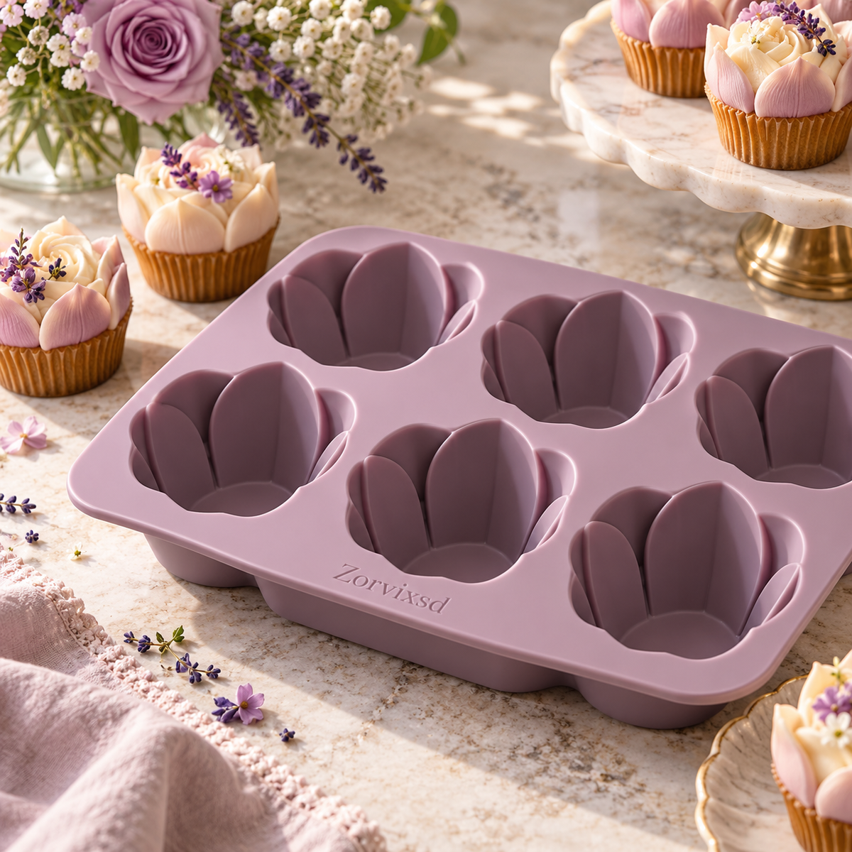 Mauve tray with six deep petal-shaped dessert cavities