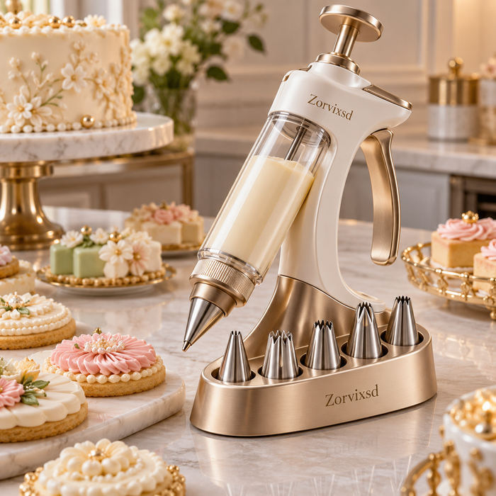Ivory and gold press-action cake icing dispenser with a clear barrel and decorating tips