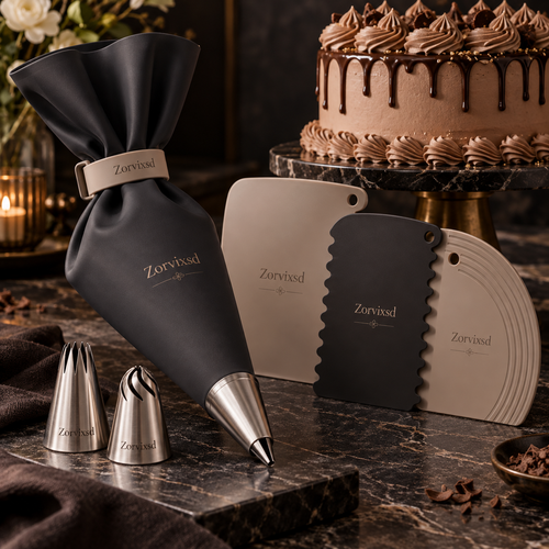 Dark piping bag with metal tips and assorted cake scrapers in neutral tones