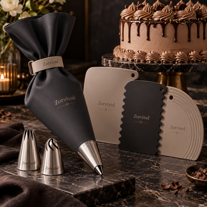 Dark piping bag with metal tips and assorted cake scrapers in neutral tones