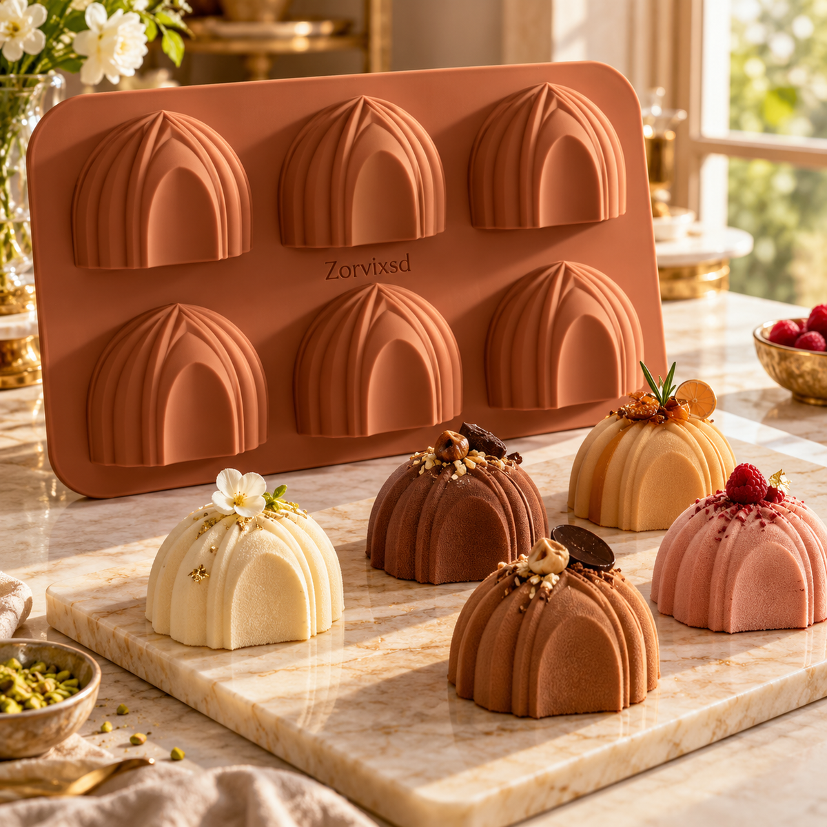 Terracotta-colored mold with six arched dessert cavities