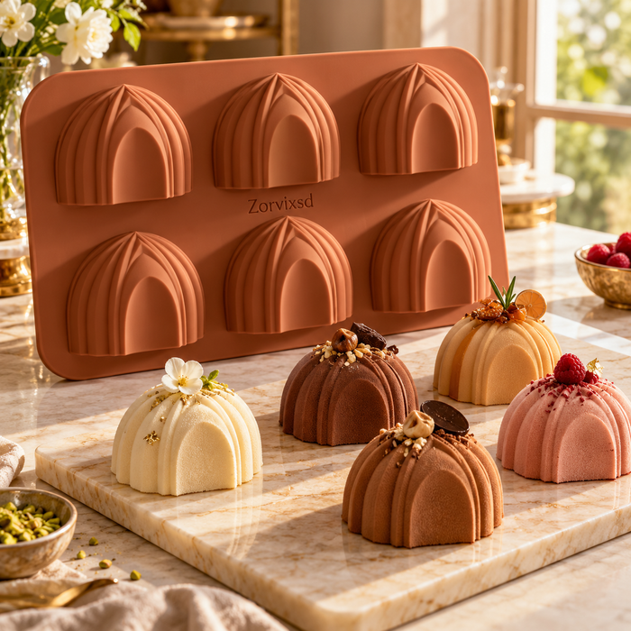Terracotta-colored mold with six arched dessert cavities