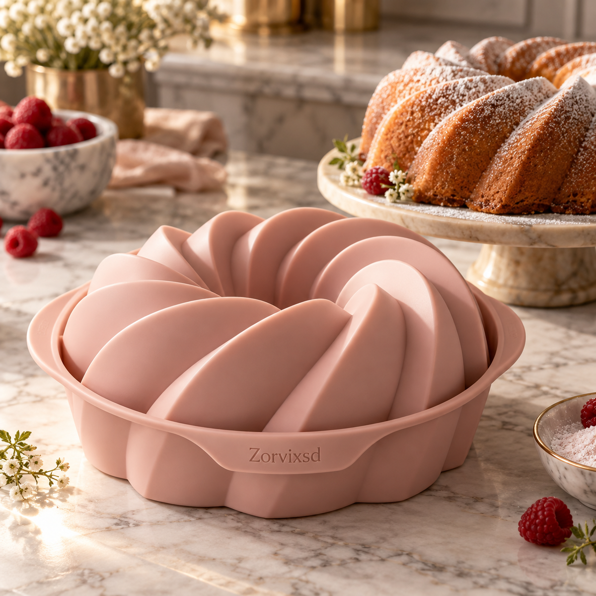 Blush pink ring-shaped cake mold with broad spiral ridges