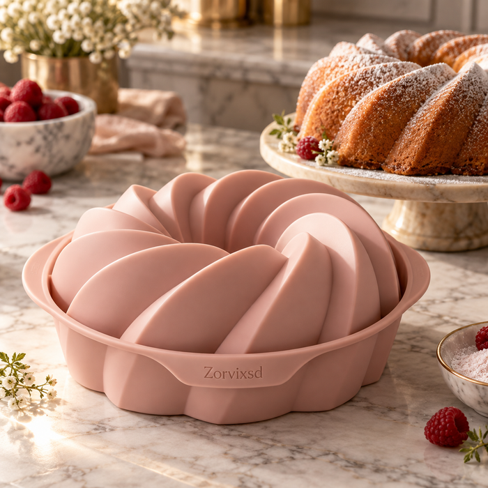 Blush pink ring-shaped cake mold with broad spiral ridges