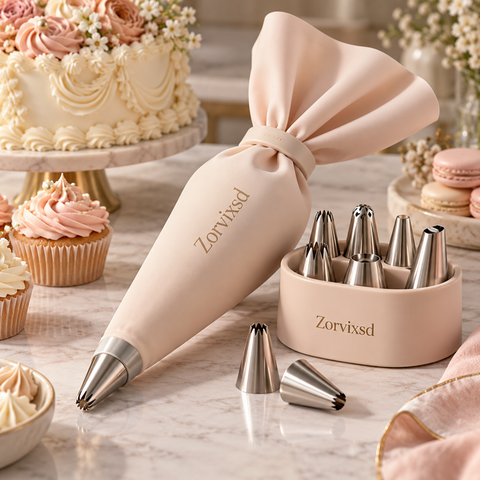 Cream piping bag with metal decorating tips in a matching round organizer