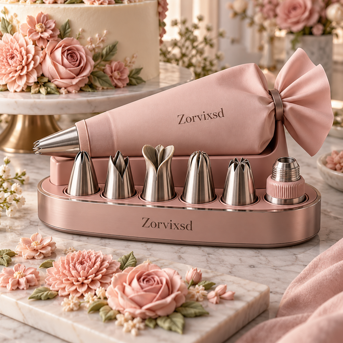 Blush pink piping bag with metal decorating nozzles arranged in a matching organizer