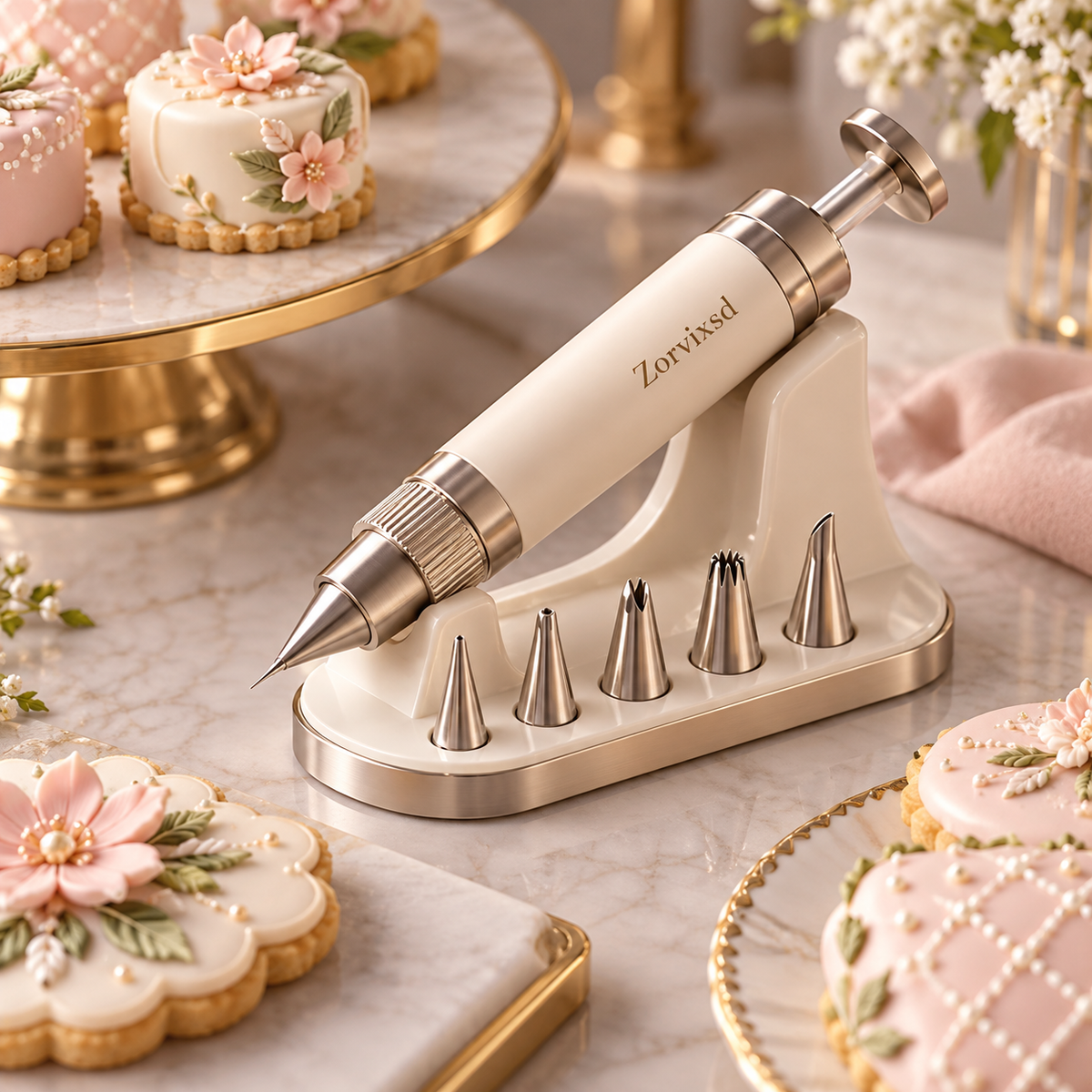 Ivory precision icing syringe with metal tip attachments and a matching stand