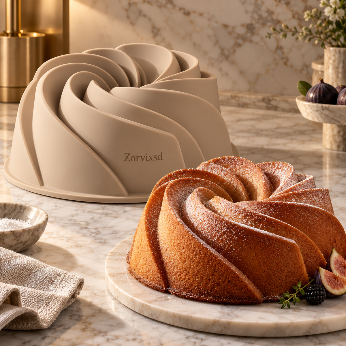 Beige sculpted spiral bundt cake mold beside a golden spiral cake