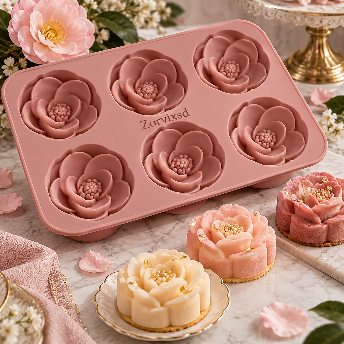 Rose pink six-cavity mold with sculpted flower-shaped dessert wells