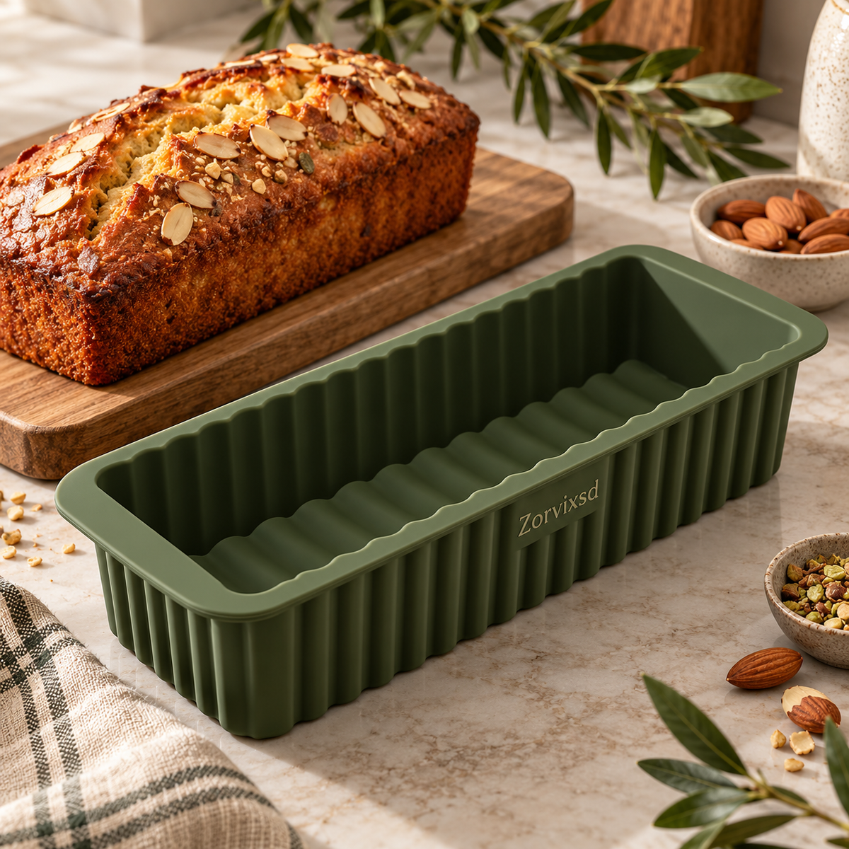 Deep green ribbed rectangular loaf baking pan beside a freshly baked loaf
