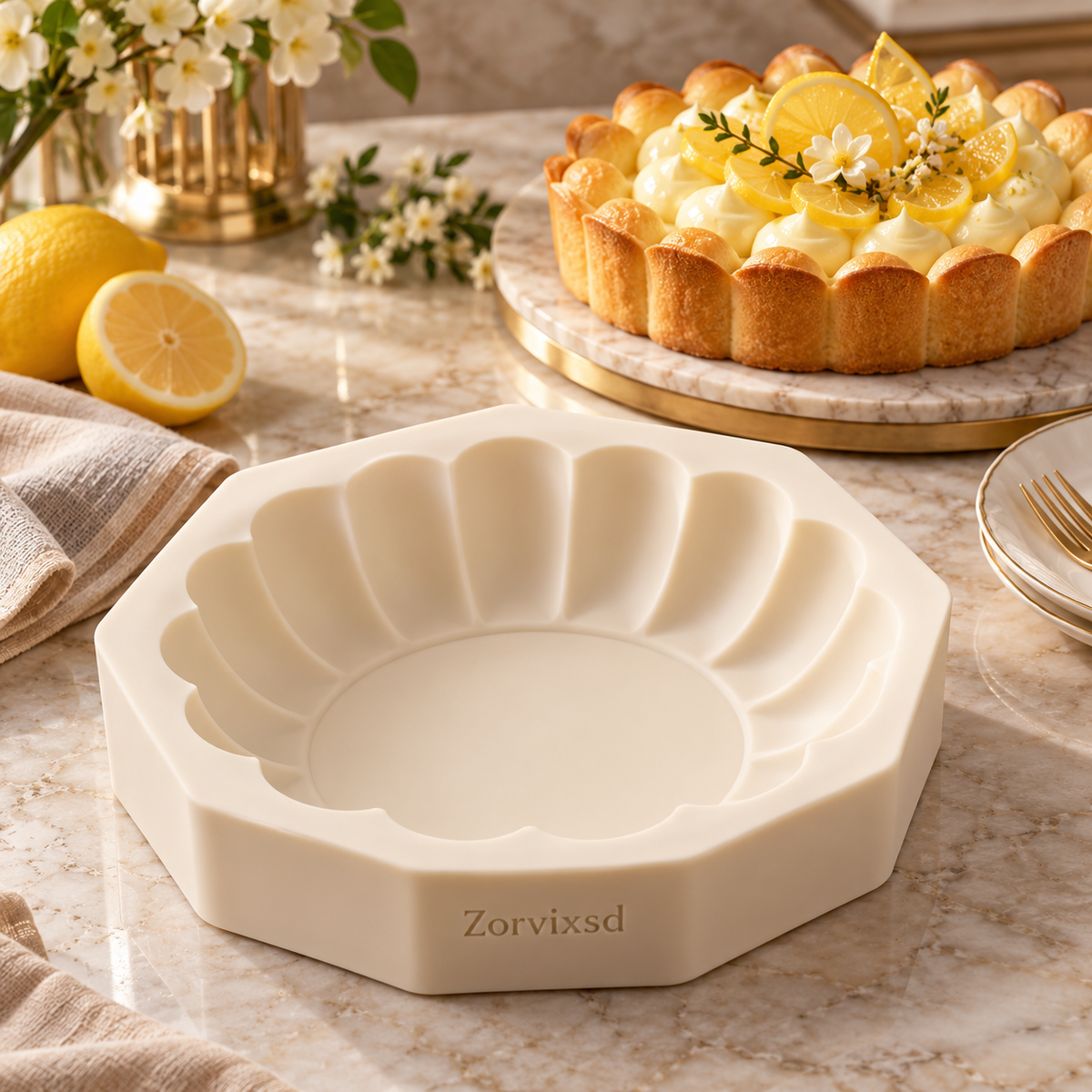 Ivory fluted dessert mold with a broad scalloped interior