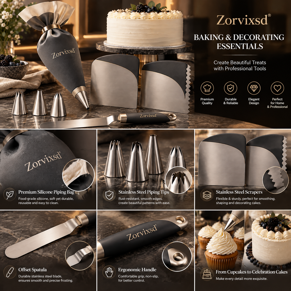 Zorvixsd™ Cake Decorating Tool Set with Piping Bag and Scrapers product details