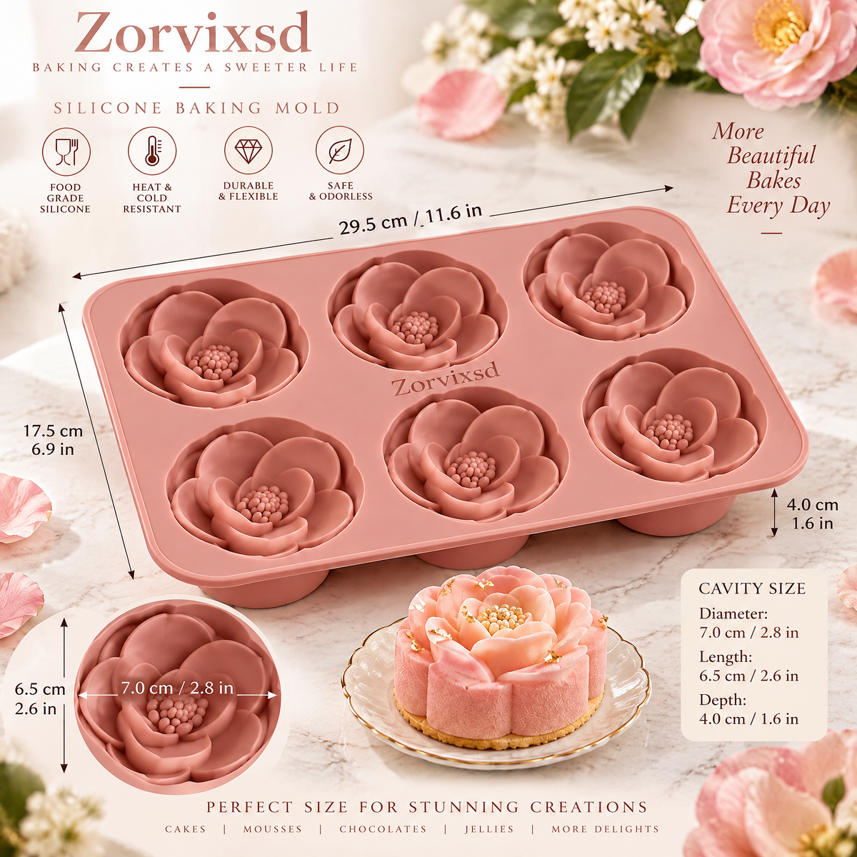 Zorvixsd™ Six-Cavity Rose Bloom Dessert Mold size reference