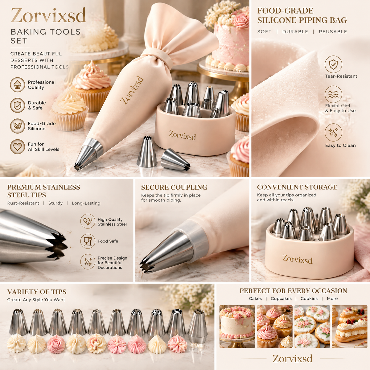 Zorvixsd™ Cream Piping Bag and Metal Tip Set