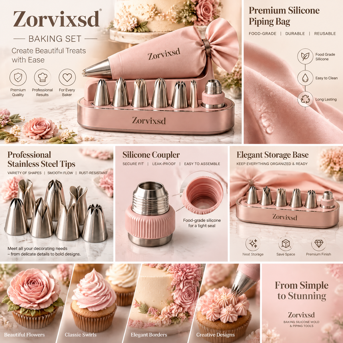 Zorvixsd™ Rose-Tone Piping Bag and Nozzle Organizer Set
