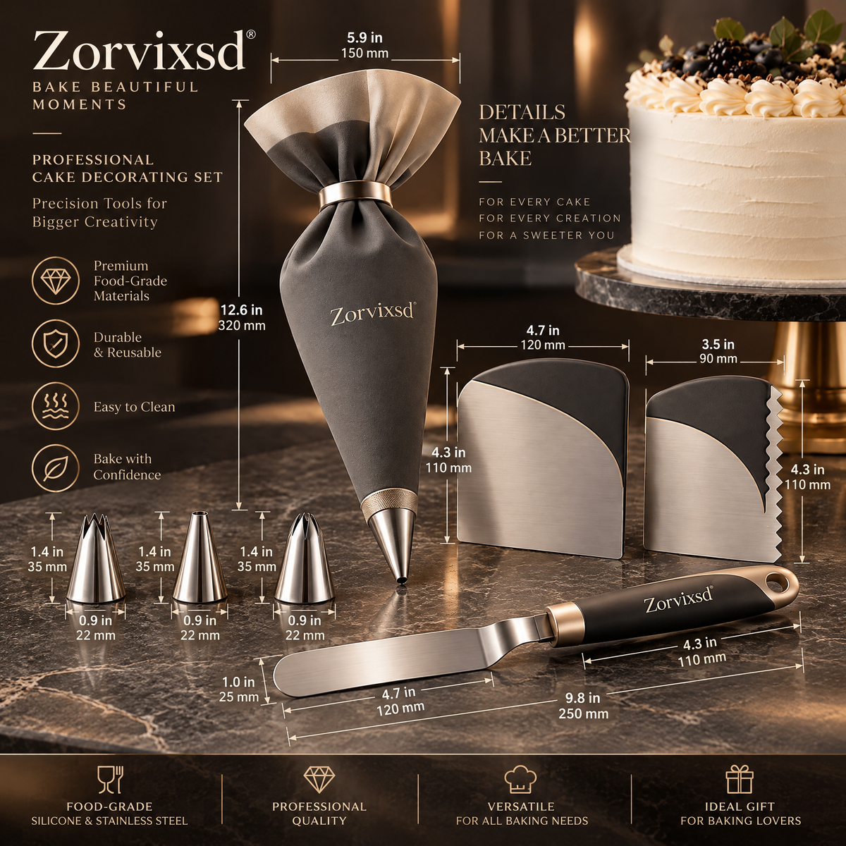 Zorvixsd™ Cake Decorating Tool Set with Piping Bag and Scrapers size reference